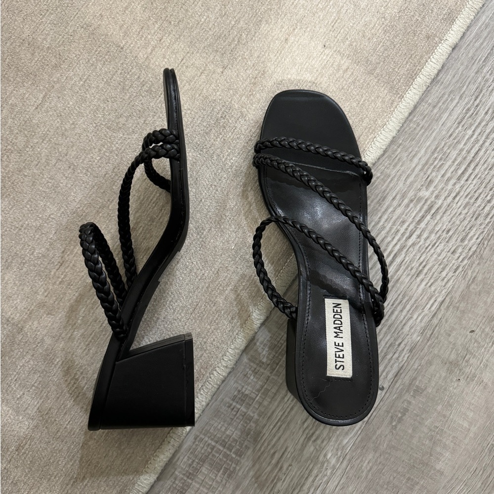 Steve Madden Black Braided Strappy Block Heel Sandals - Picture 4 of 6